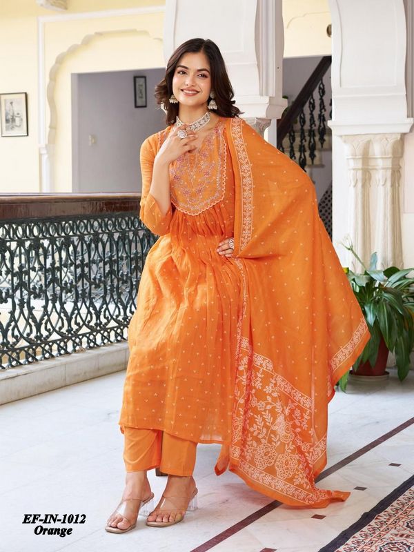 Beautiful Cotton Embroidery With Printed Kurti Pant With Dupatta