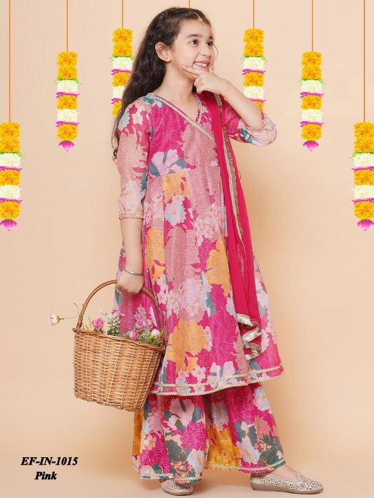 Latest Chanderi Silk Printed Top Palazzo With Dupatta Kids Wear