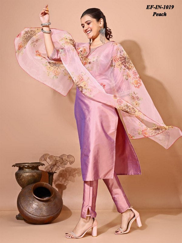 Latest Tafeta Silk Zari Work Kurti Pant With Organza Dupatta