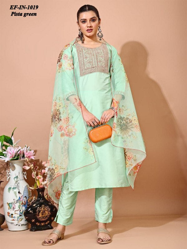 Latest Tafeta Silk Zari Work Kurti Pant With Organza Dupatta