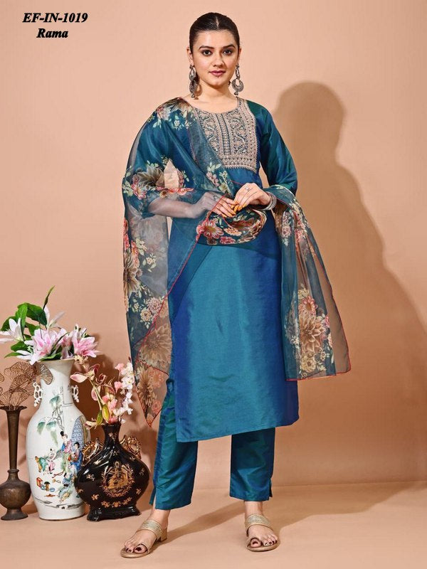 Latest Tafeta Silk Zari Work Kurti Pant With Organza Dupatta