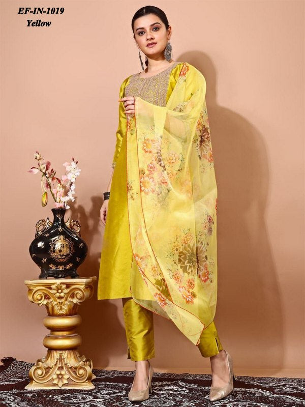 Latest Tafeta Silk Zari Work Kurti Pant With Organza Dupatta