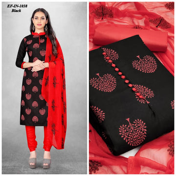 Designer Slub Cotton Kurti Pant Dupatta Suit.