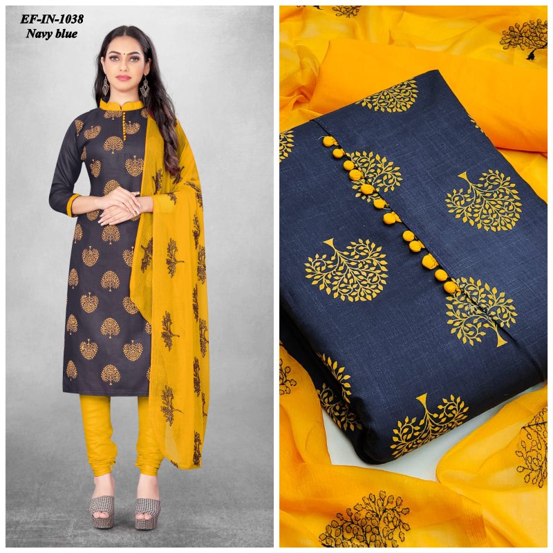 Designer Slub Cotton Kurti Pant Dupatta Suit.