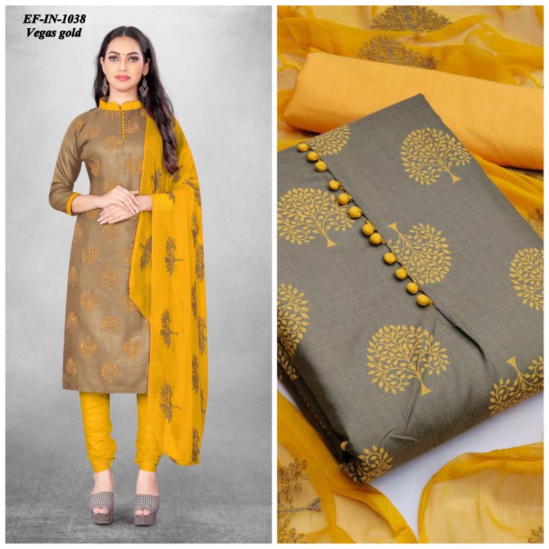 Designer Slub Cotton Kurti Pant Dupatta Suit.