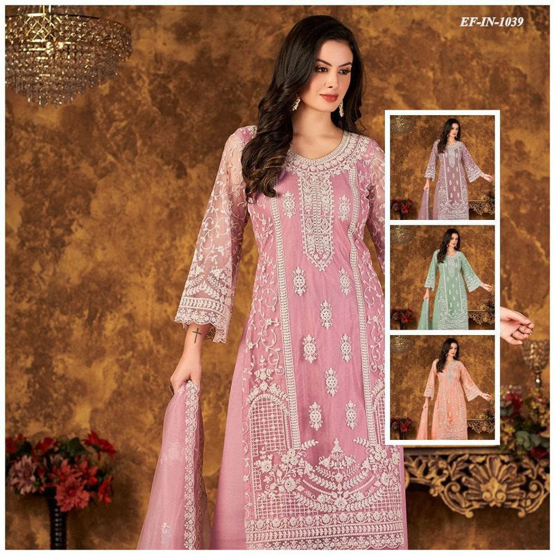 Beautiful Designer Net With Chain Work Kurti Pant Dupatta Suit.