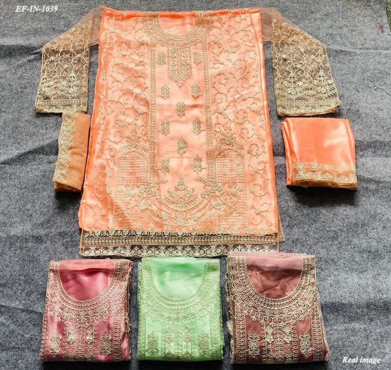 Beautiful Designer Net With Chain Work Kurti Pant Dupatta Suit.