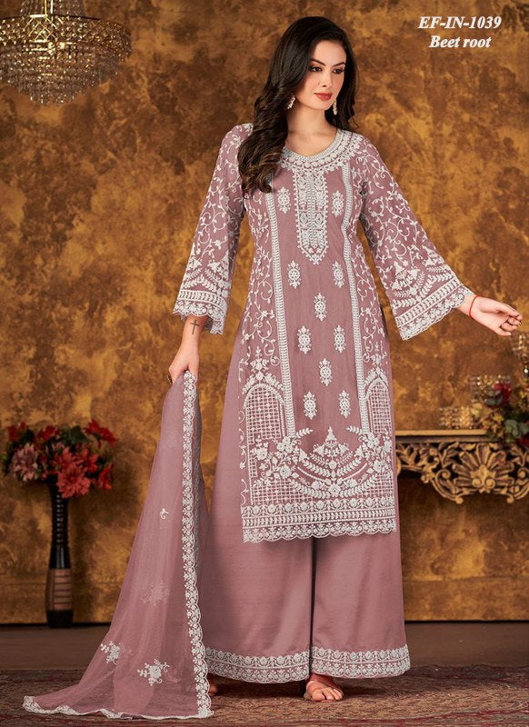 Beautiful Designer Net With Chain Work Kurti Pant Dupatta Suit.