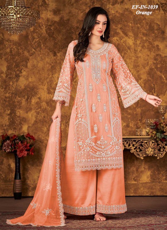 Beautiful Designer Net With Chain Work Kurti Pant Dupatta Suit.