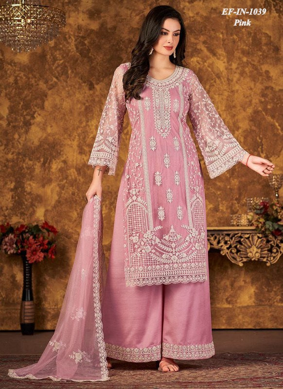 Beautiful Designer Net With Chain Work Kurti Pant Dupatta Suit.