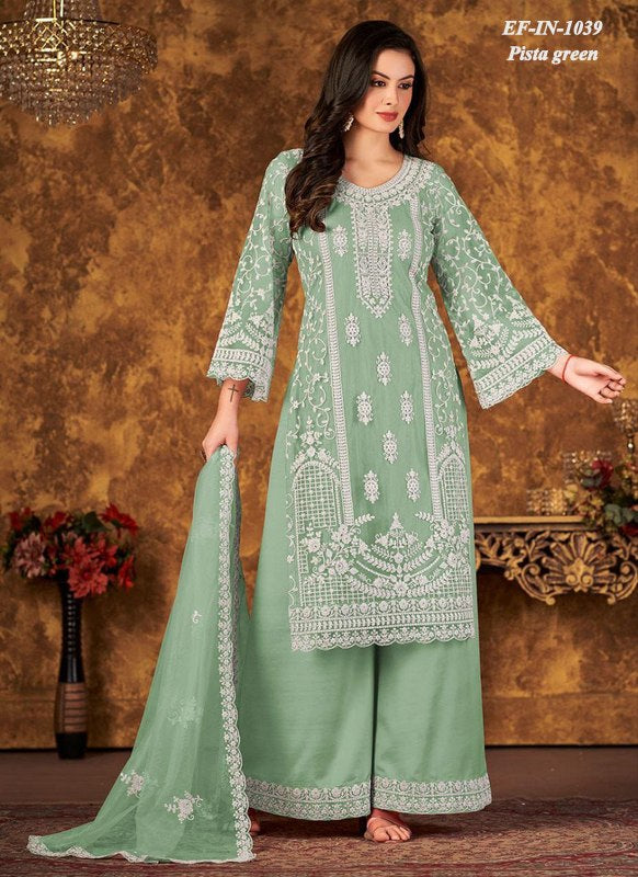 Beautiful Designer Net With Chain Work Kurti Pant Dupatta Suit.