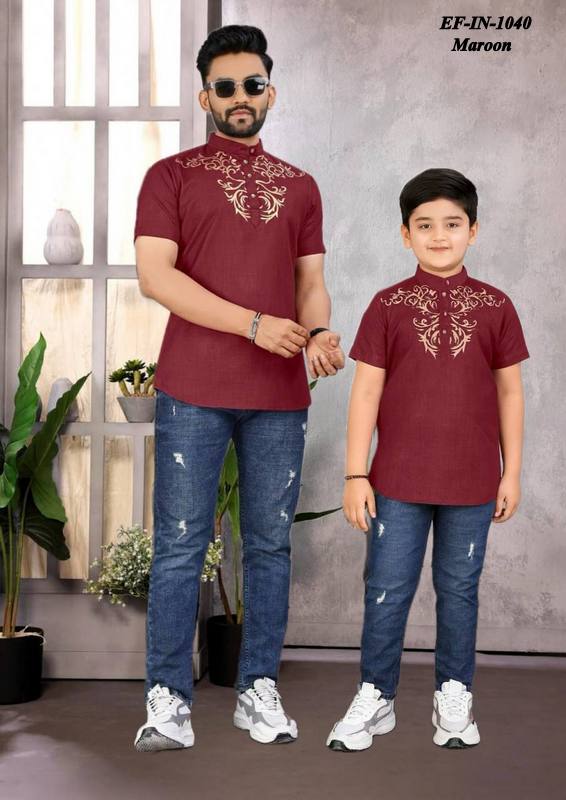 Trending Magic Cotton Foil Printed Shirt Combo Set For Father Son
