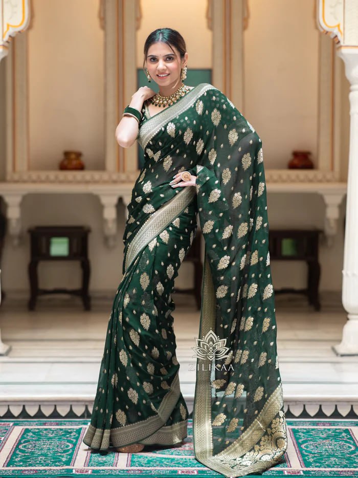 Partywear Soft Lichi Silk Jacquard Work Sarees