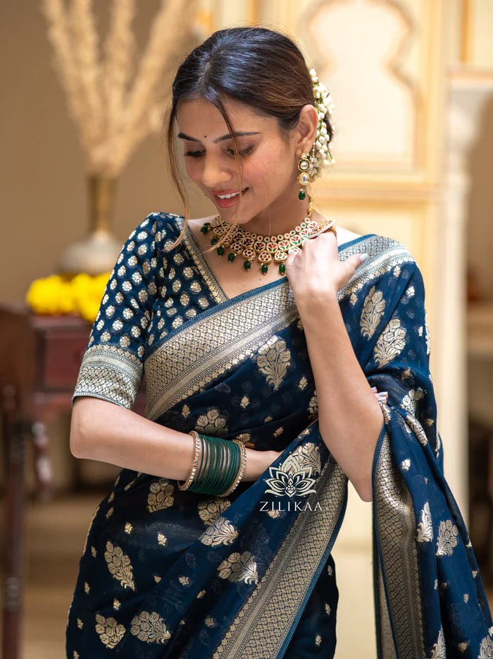 Partywear Soft Lichi Silk Jacquard Work Sarees