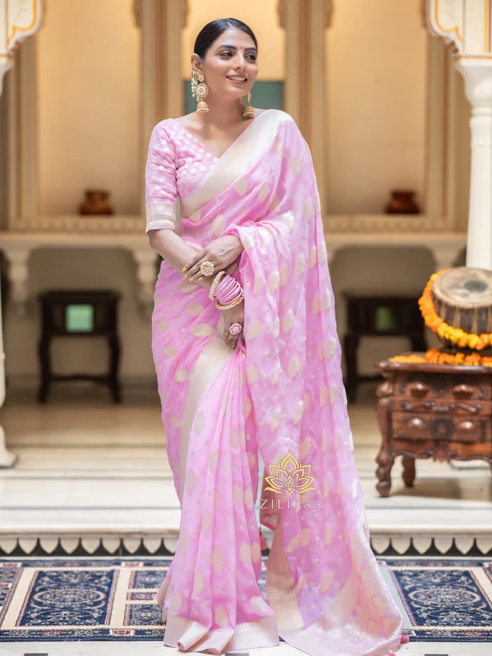 Partywear Soft Lichi Silk Jacquard Work Sarees