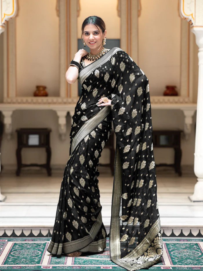 Partywear Soft Lichi Silk Jacquard Work Sarees