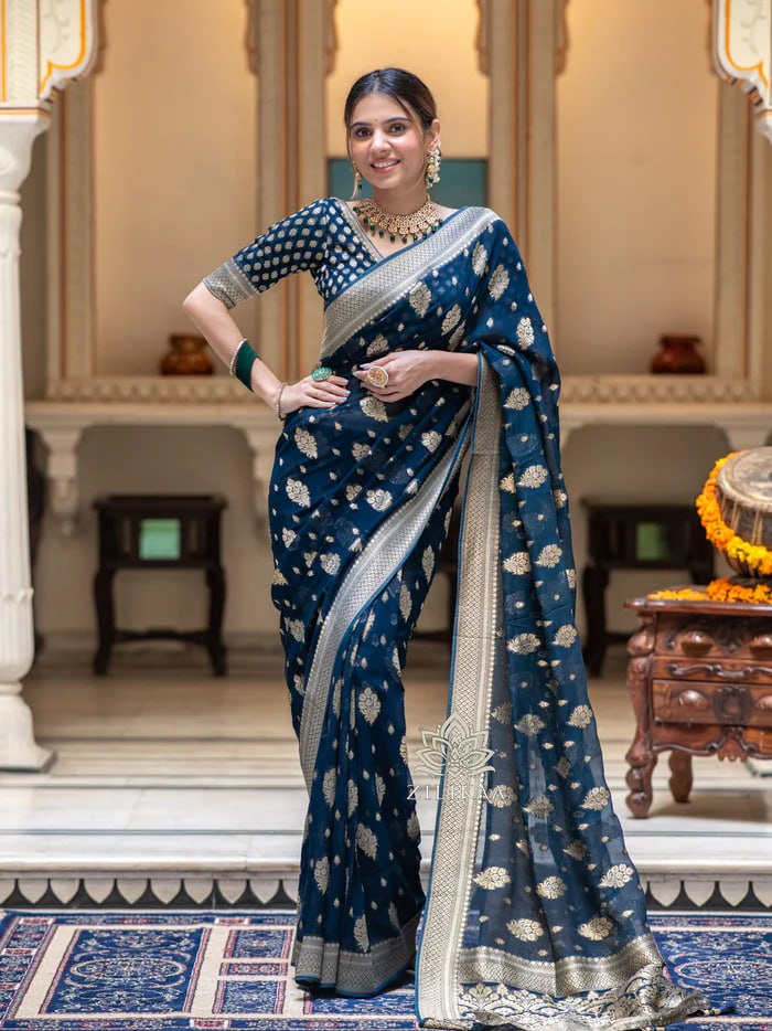 Partywear Soft Lichi Silk Jacquard Work Sarees