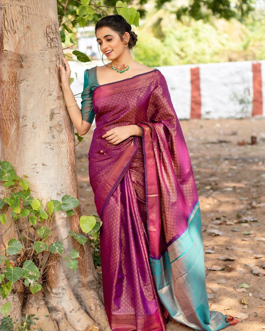 Elegant Soft Lichi Silk With Copper Jacquard Work Sarees