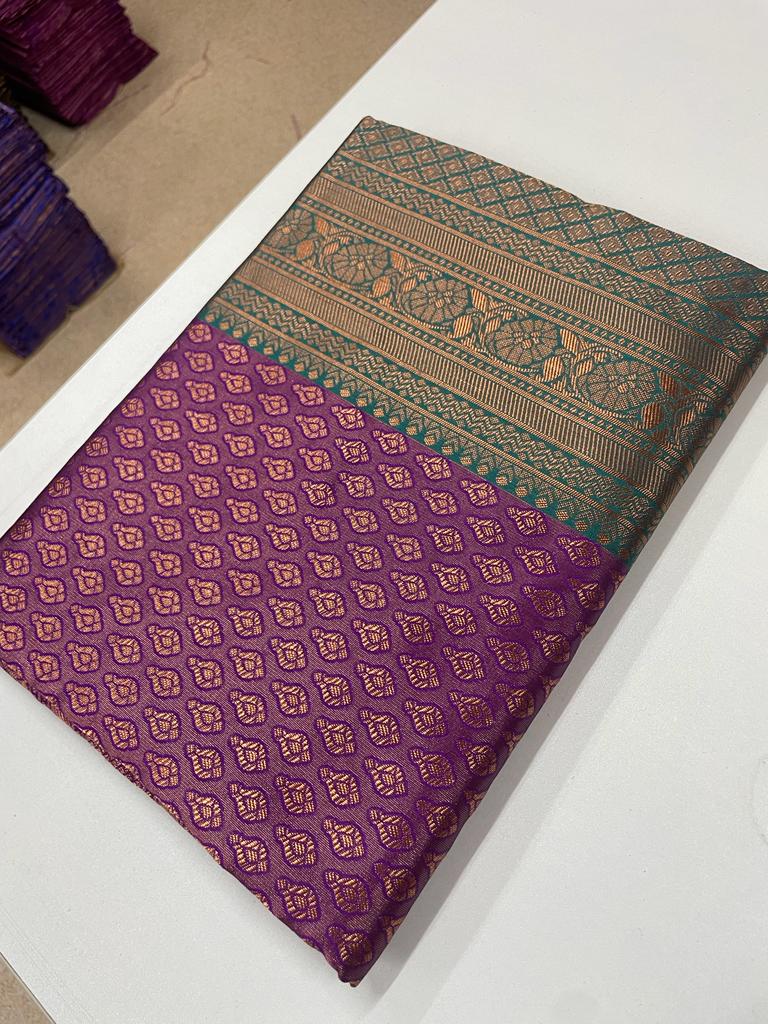 Elegant Soft Lichi Silk With Copper Jacquard Work Sarees