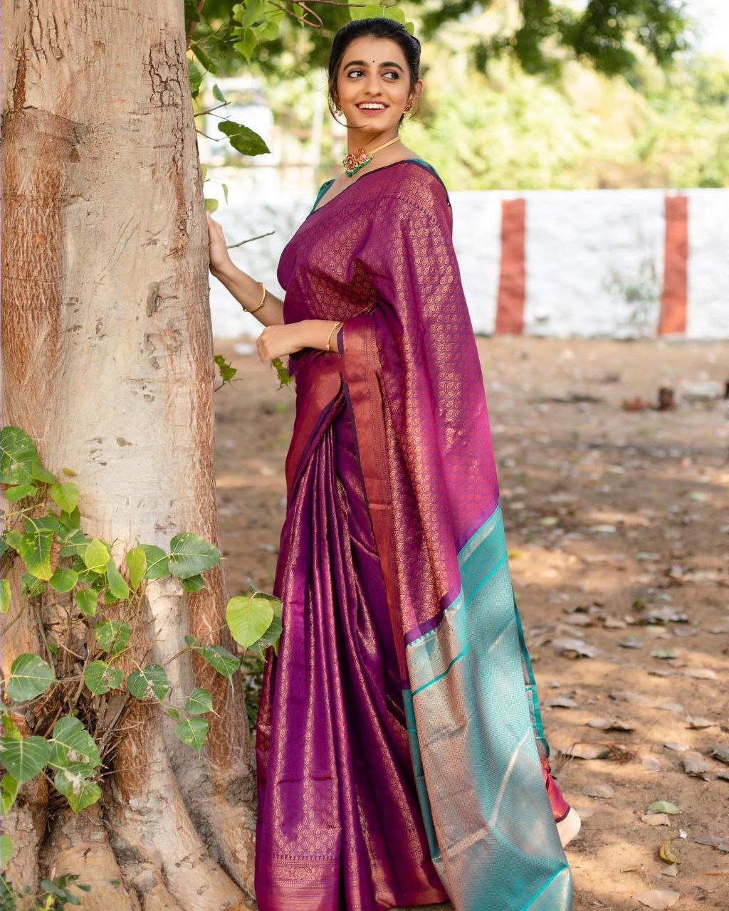 Elegant Soft Lichi Silk With Copper Jacquard Work Sarees