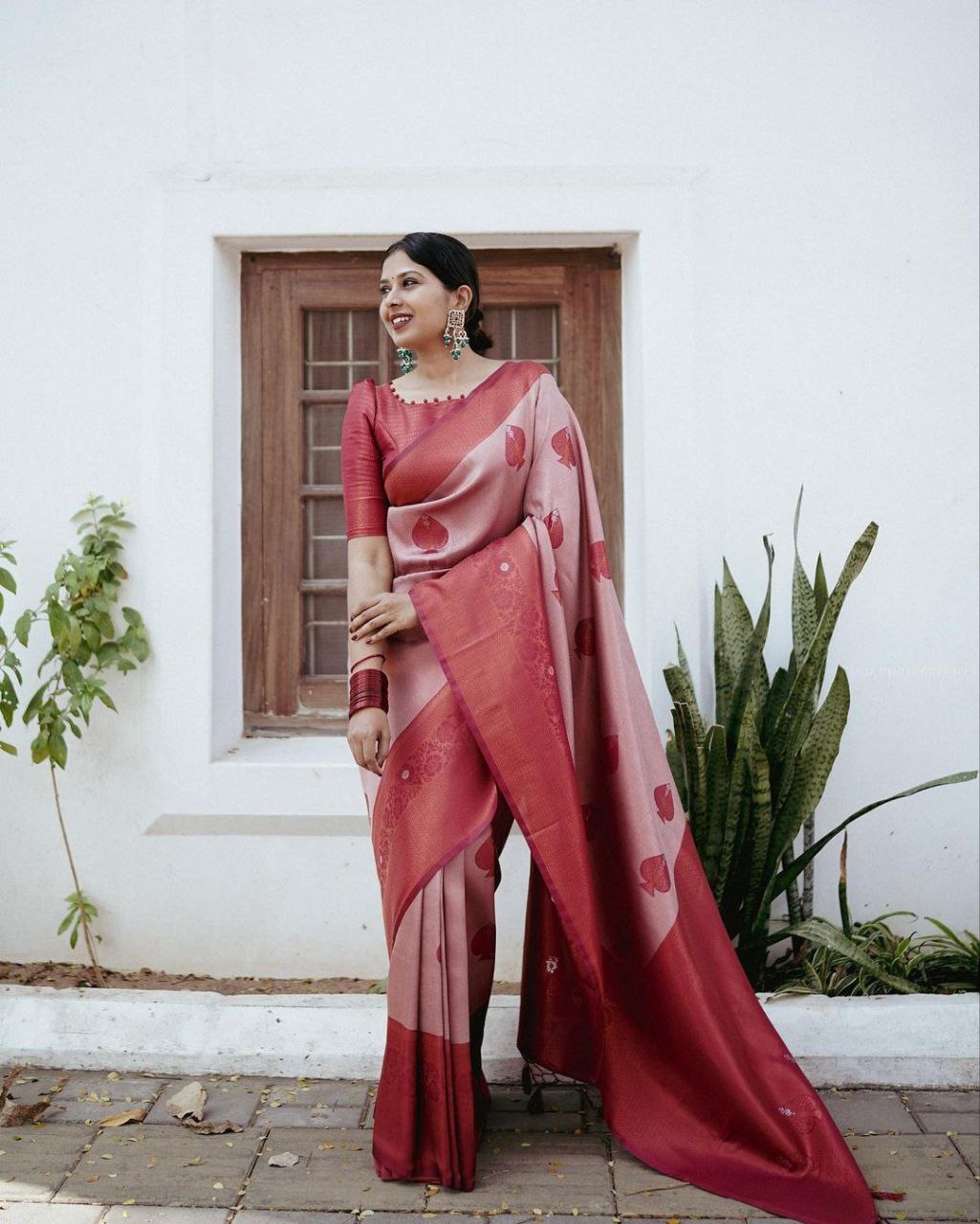 Partywear Soft Lichi Silk With Copper Jacquard Work Sarees