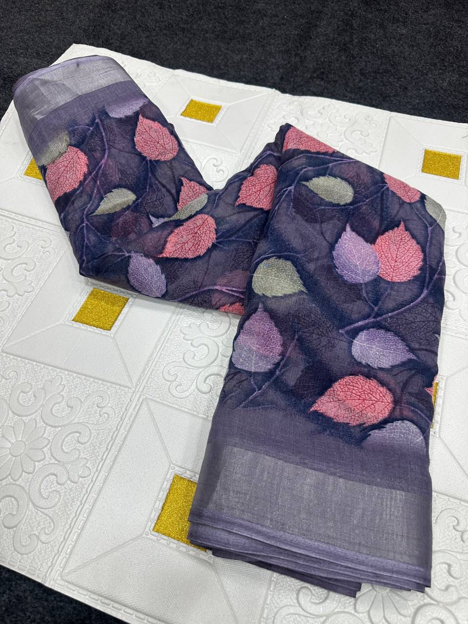 Partywear Soft Linen With Zari Border Sarees