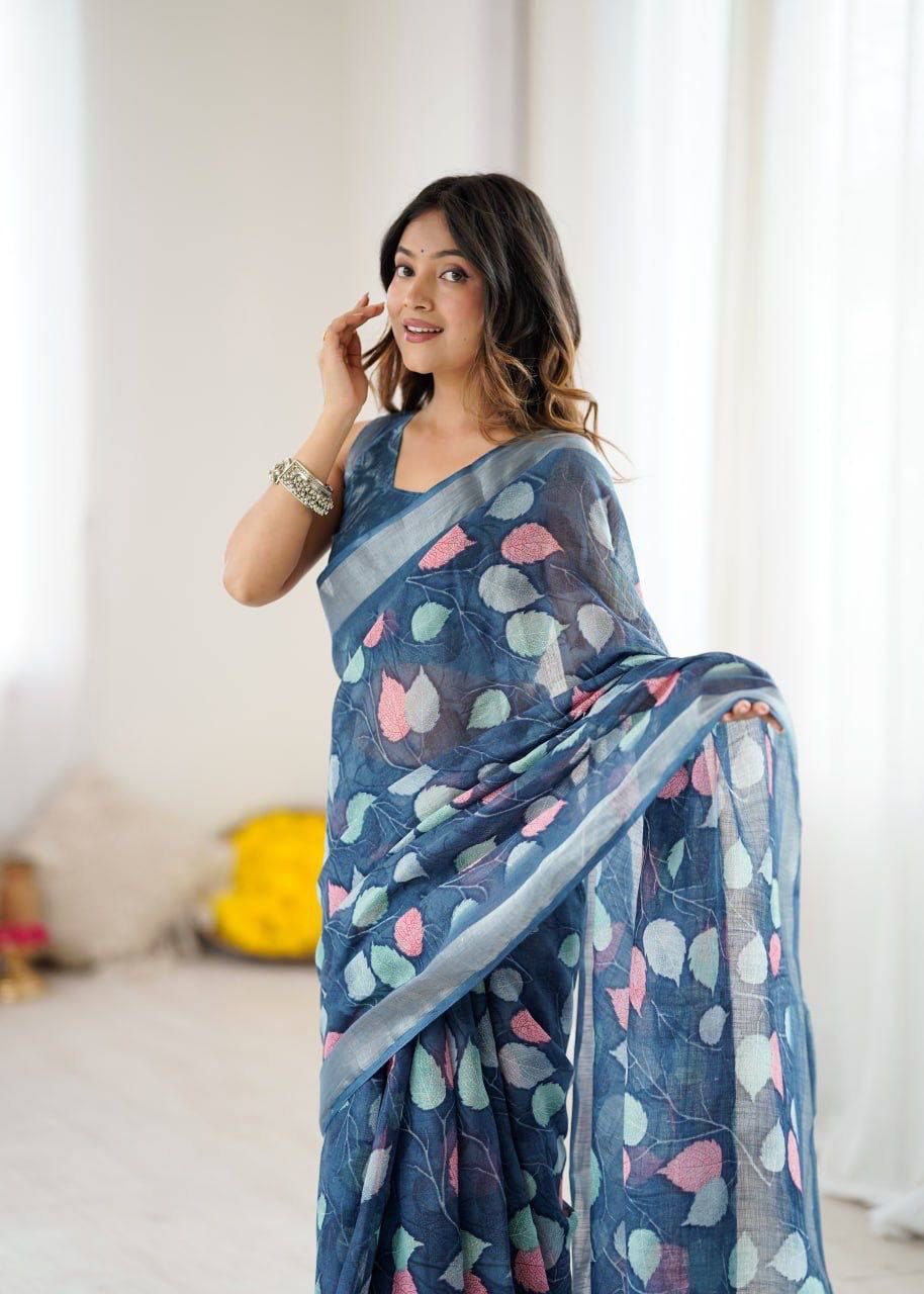 Partywear Soft Linen With Zari Border Sarees