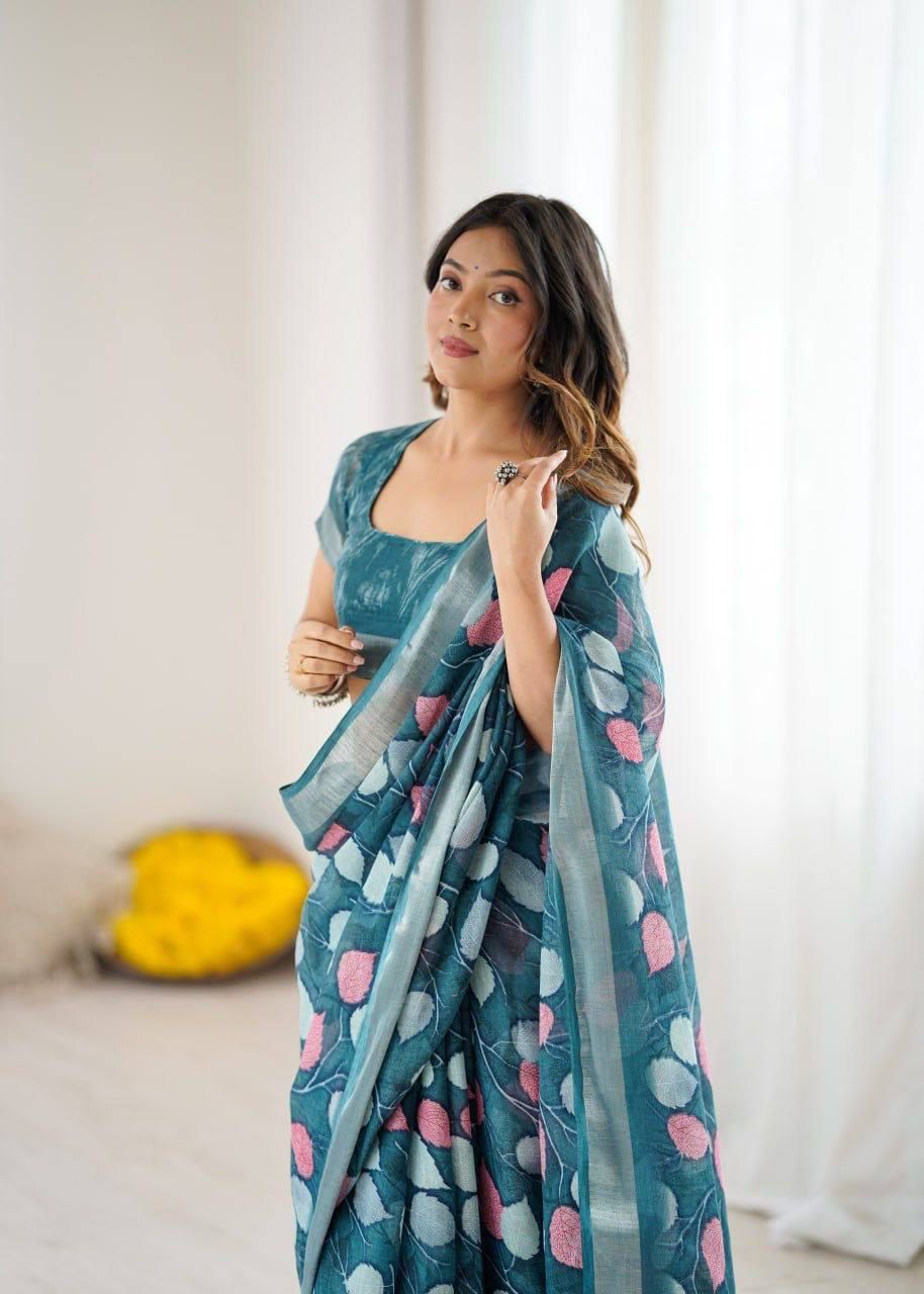 Partywear Soft Linen With Zari Border Sarees