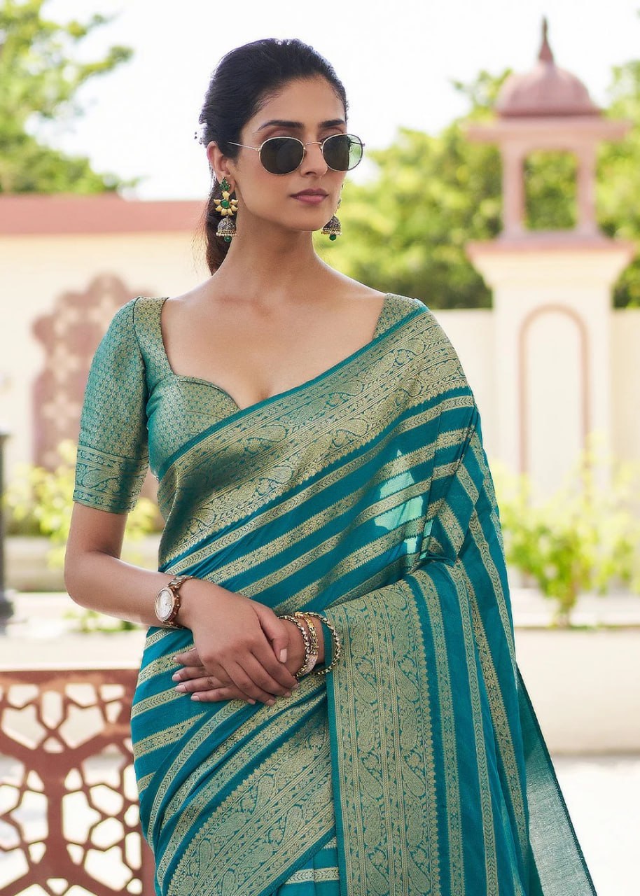 Partywear Banarasi Soft Lichi Silk Jacquard Work Sarees