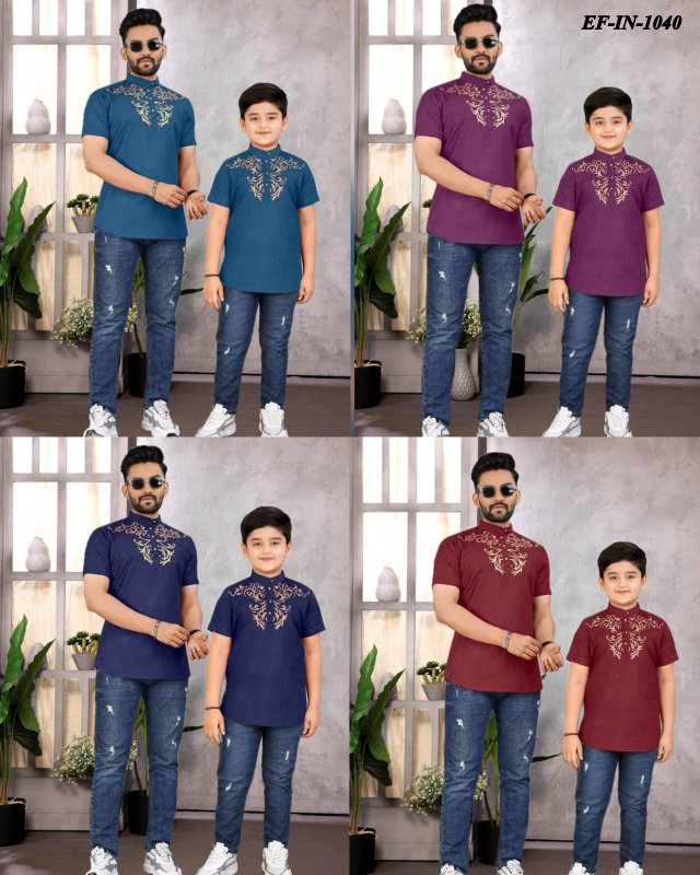 Trending Magic Cotton Foil Printed Shirt Combo Set For Father Son