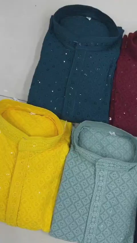 Traditional Heavy Rayon With Sequence And Chikan Work Kurta Pajama